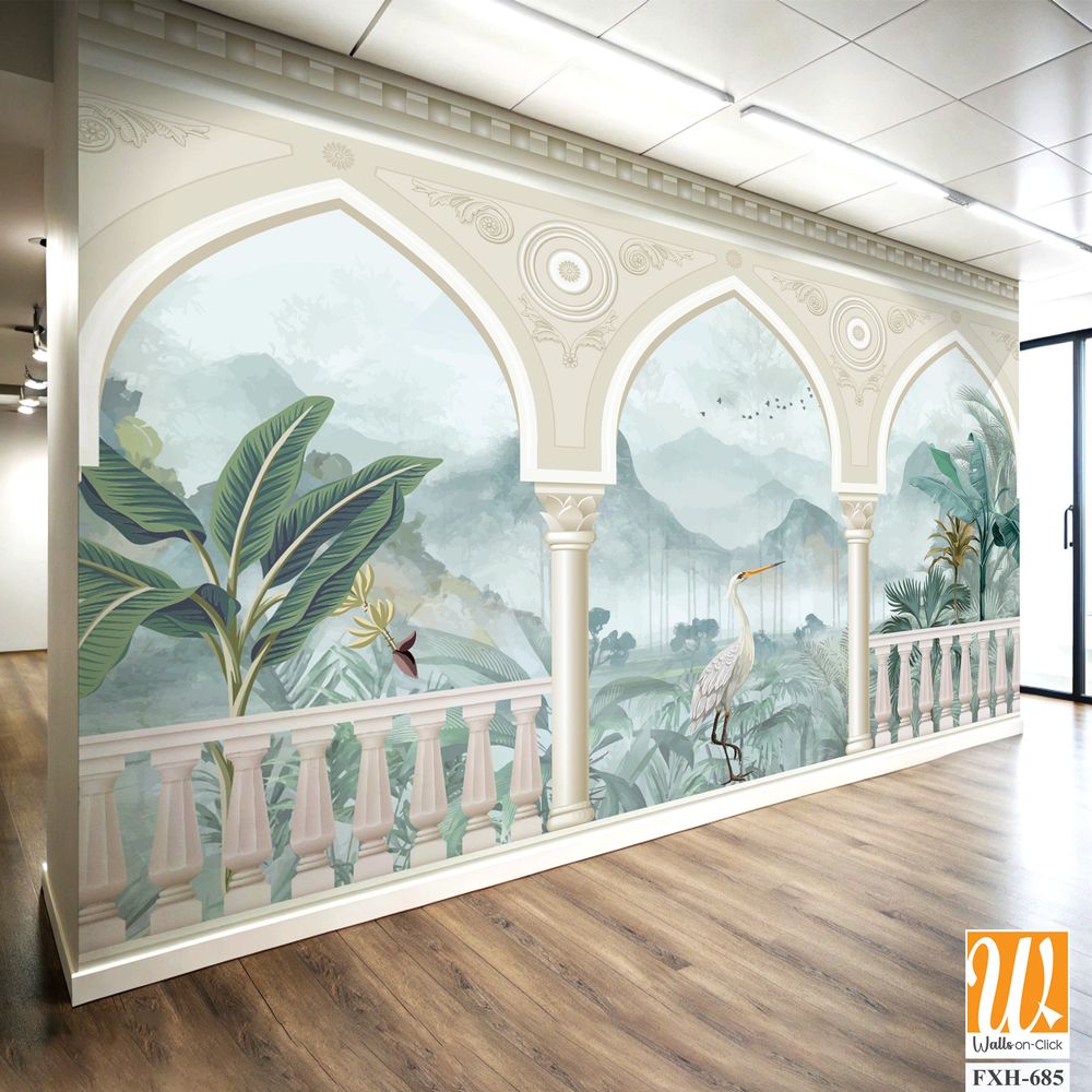 Beautiful garden arch bird mountain lake wallpaper. Watercolor Landscape illustrations. Jungle wallpaper illustrations. [WP-FXH-685]