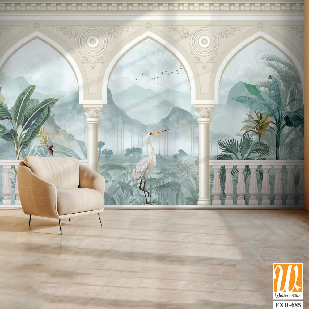 Beautiful garden arch bird mountain lake wallpaper. Watercolor Landscape illustrations. Jungle wallpaper illustrations. [WP-FXH-685]