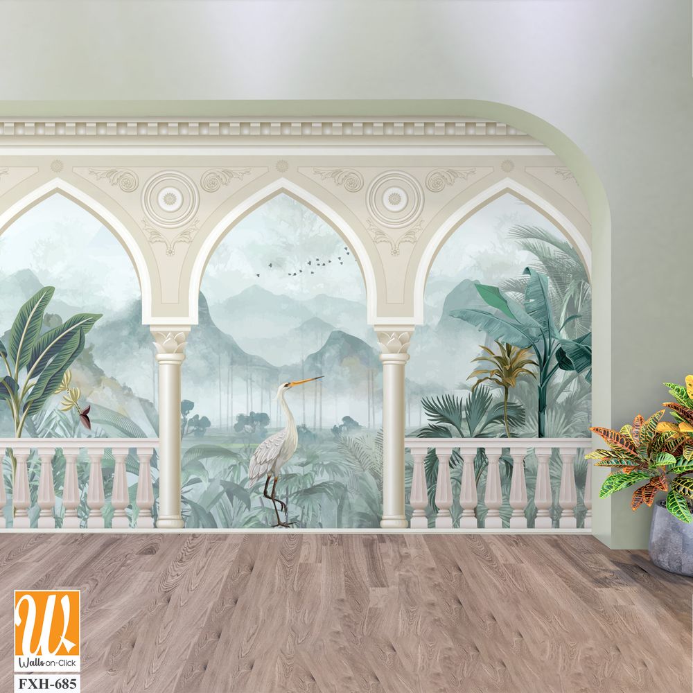 Beautiful garden arch bird mountain lake wallpaper. Watercolor Landscape illustrations. Jungle wallpaper illustrations. [WP-FXH-685]