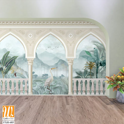 Beautiful garden arch bird mountain lake wallpaper. Watercolor Landscape illustrations. Jungle wallpaper illustrations. [WP-FXH-685]