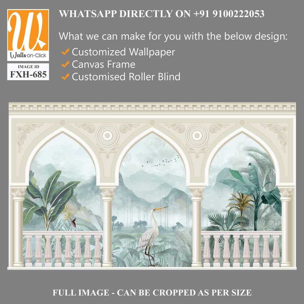 Beautiful garden arch bird mountain lake wallpaper. Watercolor Landscape illustrations. Jungle wallpaper illustrations. [WP-FXH-685]