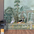 Forest jungle wallpaper illustrations. Garden arch dome, bird jungle wallpaper illustrations. Dream forest wallpaper design. [WP-FXH-687]