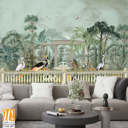 Forest jungle wallpaper illustrations. Garden arch dome, bird jungle wallpaper illustrations. Dream forest wallpaper design. [WP-FXH-687]