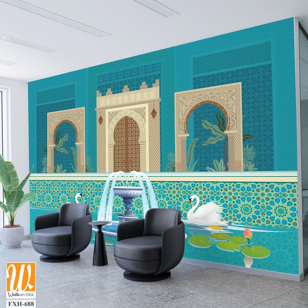 Moroccan garden, lake, swan, peacock wallpaper illustrations. Water lily and swan in a beautiful lake. [WP-FXH-688]