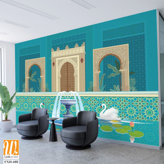 Moroccan garden, lake, swan, peacock wallpaper illustrations. Water lily and swan in a beautiful lake. [WP-FXH-688]
