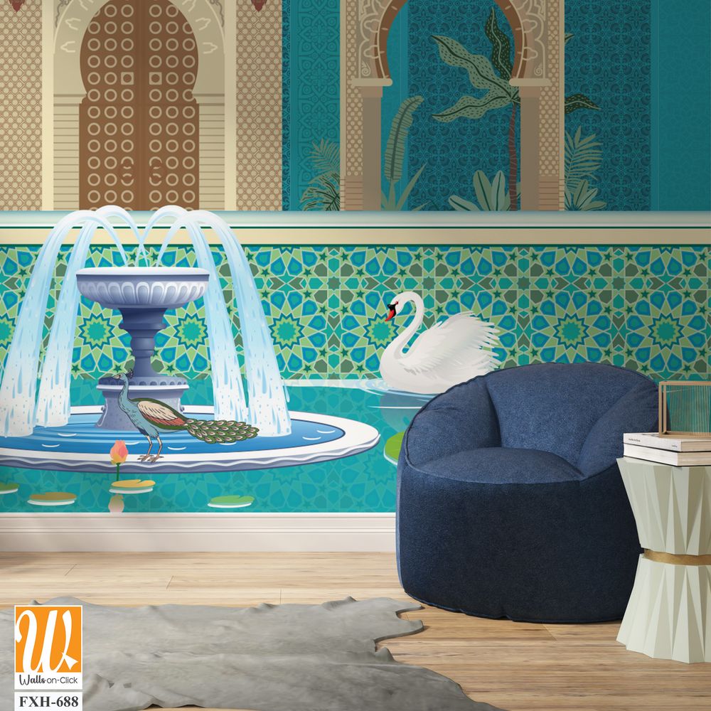 Moroccan garden, lake, swan, peacock wallpaper illustrations. Water lily and swan in a beautiful lake. [WP-FXH-688]