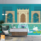 Moroccan garden, lake, swan, peacock wallpaper illustrations. Water lily and swan in a beautiful lake. [WP-FXH-688]