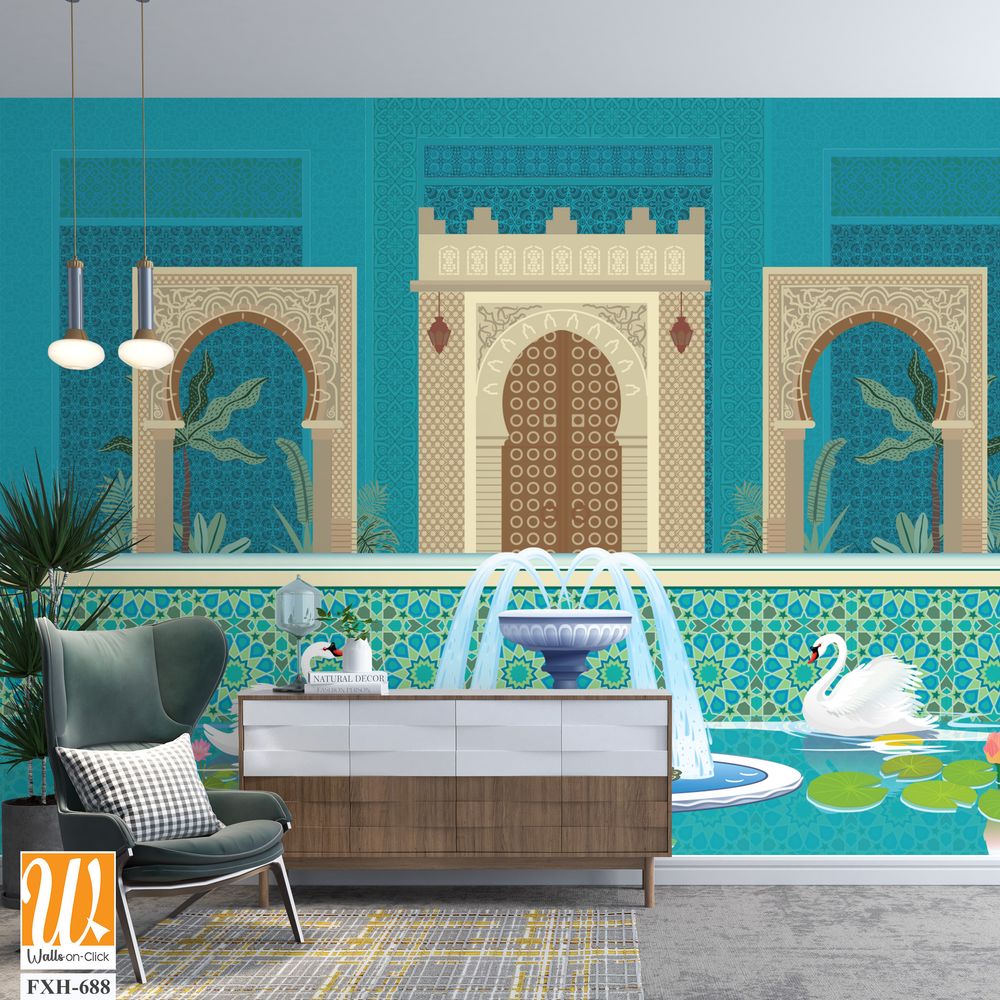 Moroccan garden, lake, swan, peacock wallpaper illustrations. Water lily and swan in a beautiful lake. [WP-FXH-688]