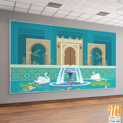 Moroccan garden, lake, swan, peacock wallpaper illustrations. Water lily and swan in a beautiful lake. [WP-FXH-688]