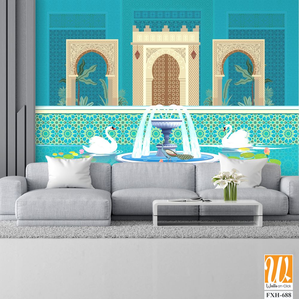 Moroccan garden, lake, swan, peacock wallpaper illustrations. Water lily and swan in a beautiful lake. [WP-FXH-688]