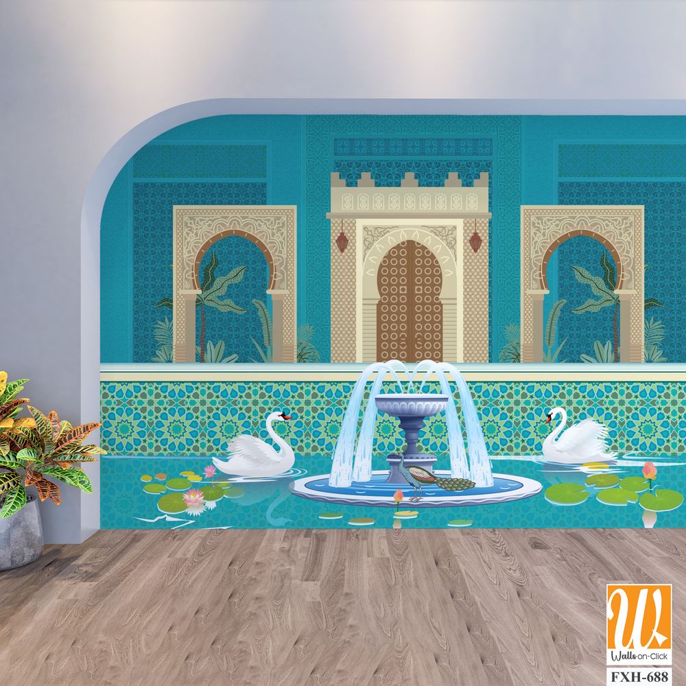 Moroccan garden, lake, swan, peacock wallpaper illustrations. Water lily and swan in a beautiful lake. [WP-FXH-688]