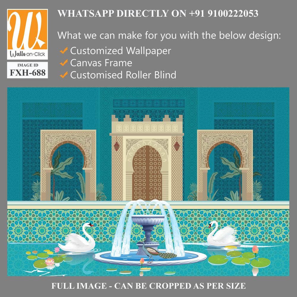 Moroccan garden, lake, swan, peacock wallpaper illustrations. Water lily and swan in a beautiful lake. [WP-FXH-688]
