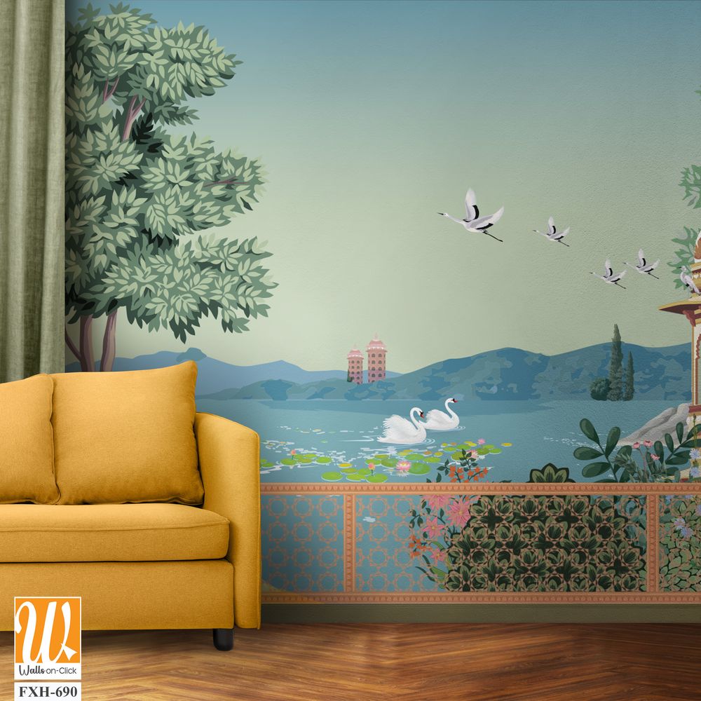 Mughal garden arch, dome illustration for wallpaper. Botanical tree landscape illustration. Water lily and swan in a beautiful lake. [WP-FXH-690]