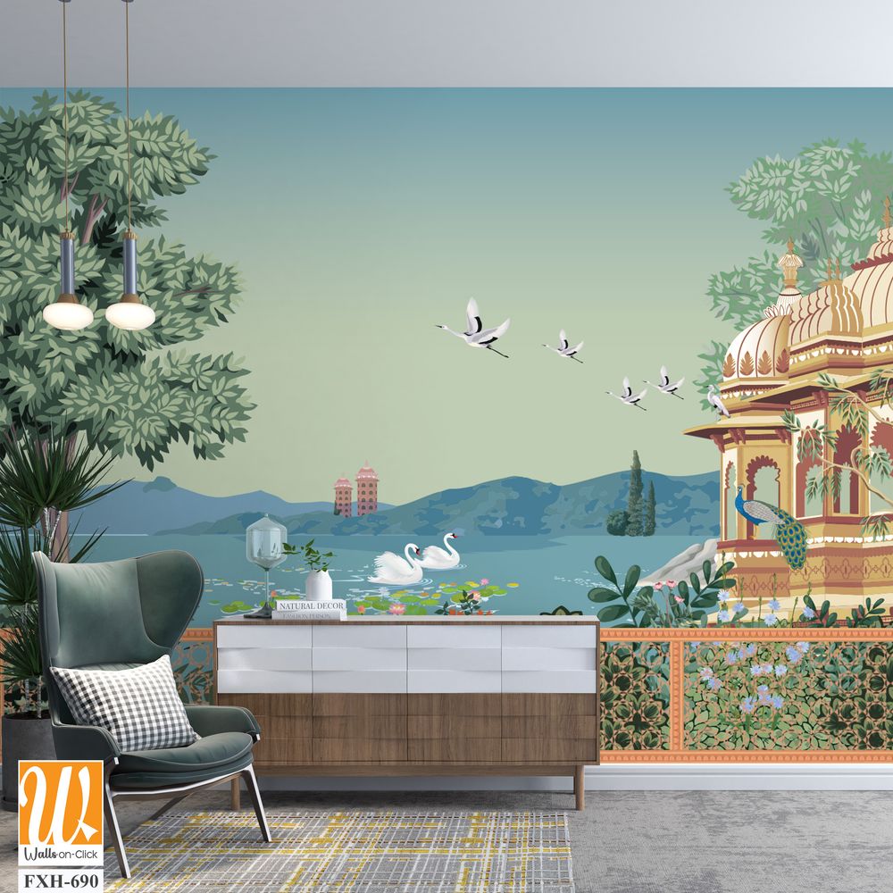 Mughal garden arch, dome illustration for wallpaper. Botanical tree landscape illustration. Water lily and swan in a beautiful lake. [WP-FXH-690]