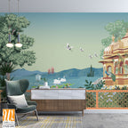 Mughal garden arch, dome illustration for wallpaper. Botanical tree landscape illustration. Water lily and swan in a beautiful lake. [WP-FXH-690]