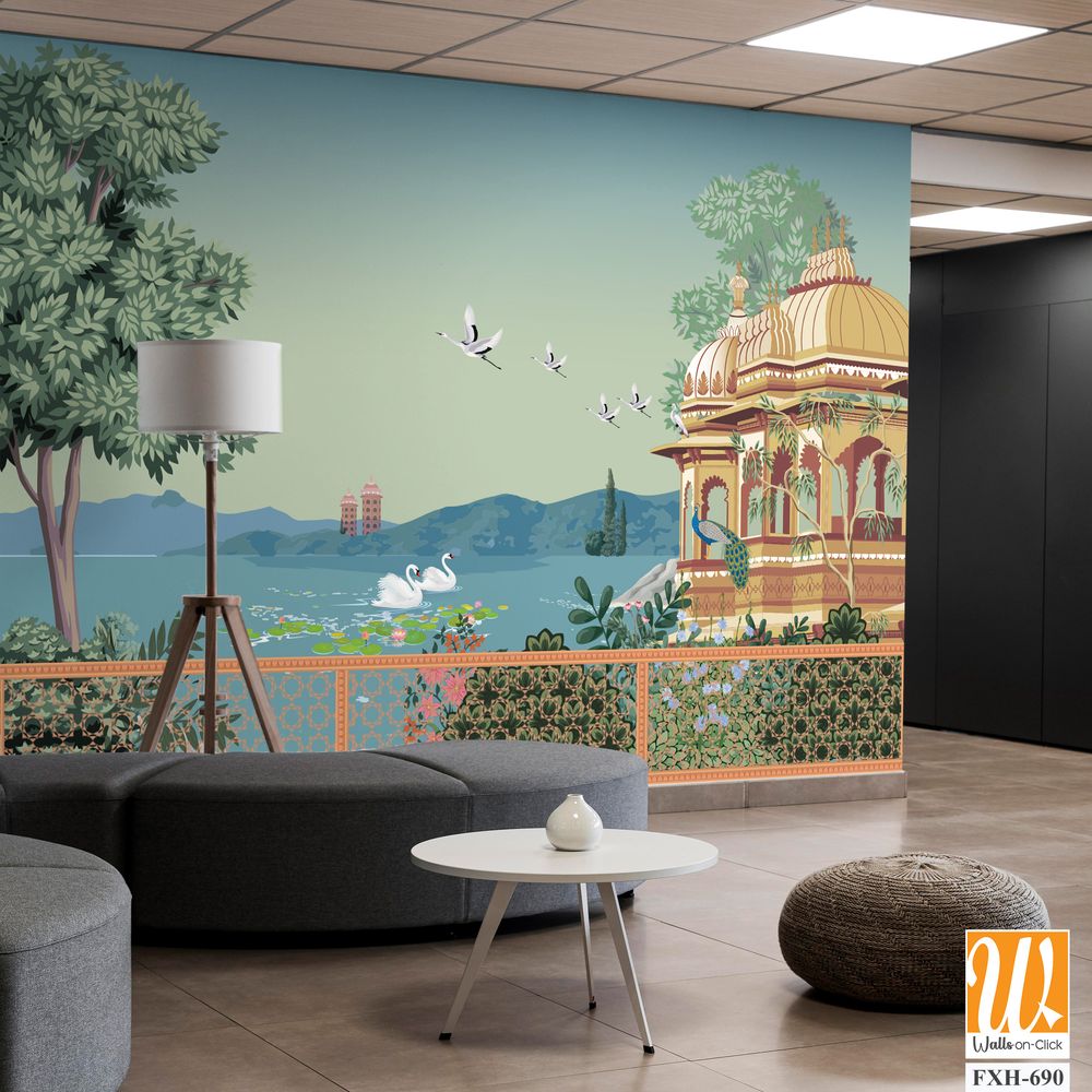 Mughal garden arch, dome illustration for wallpaper. Botanical tree landscape illustration. Water lily and swan in a beautiful lake. [WP-FXH-690]