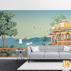 Mughal garden arch, dome illustration for wallpaper. Botanical tree landscape illustration. Water lily and swan in a beautiful lake. [WP-FXH-690]
