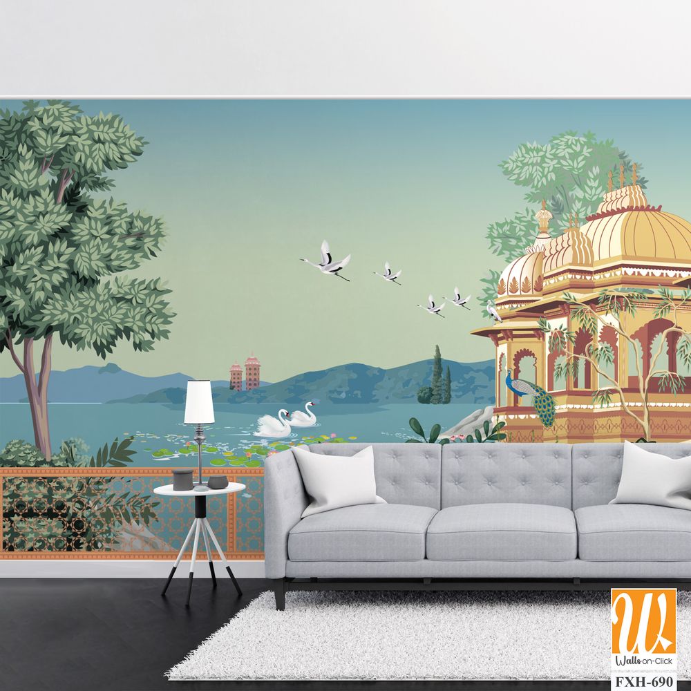 Mughal garden arch, dome illustration for wallpaper. Botanical tree landscape illustration. Water lily and swan in a beautiful lake. [WP-FXH-690]