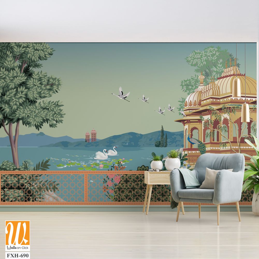 Mughal garden arch, dome illustration for wallpaper. Botanical tree landscape illustration. Water lily and swan in a beautiful lake. [WP-FXH-690]