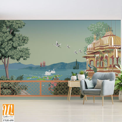 Mughal garden arch, dome illustration for wallpaper. Botanical tree landscape illustration. Water lily and swan in a beautiful lake. [WP-FXH-690]