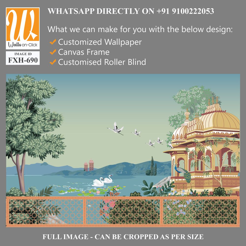 Mughal garden arch, dome illustration for wallpaper. Botanical tree landscape illustration. Water lily and swan in a beautiful lake. [WP-FXH-690]