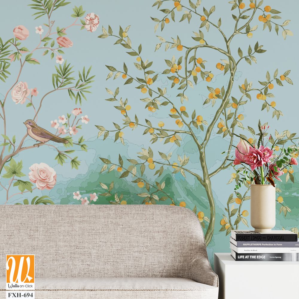 Beautiful exotic chinoiserie wallpaper. Chinese scenery landscape wallpaper. Chinoiserie, traditional oriental botanical motif. [WP-FXH-694]