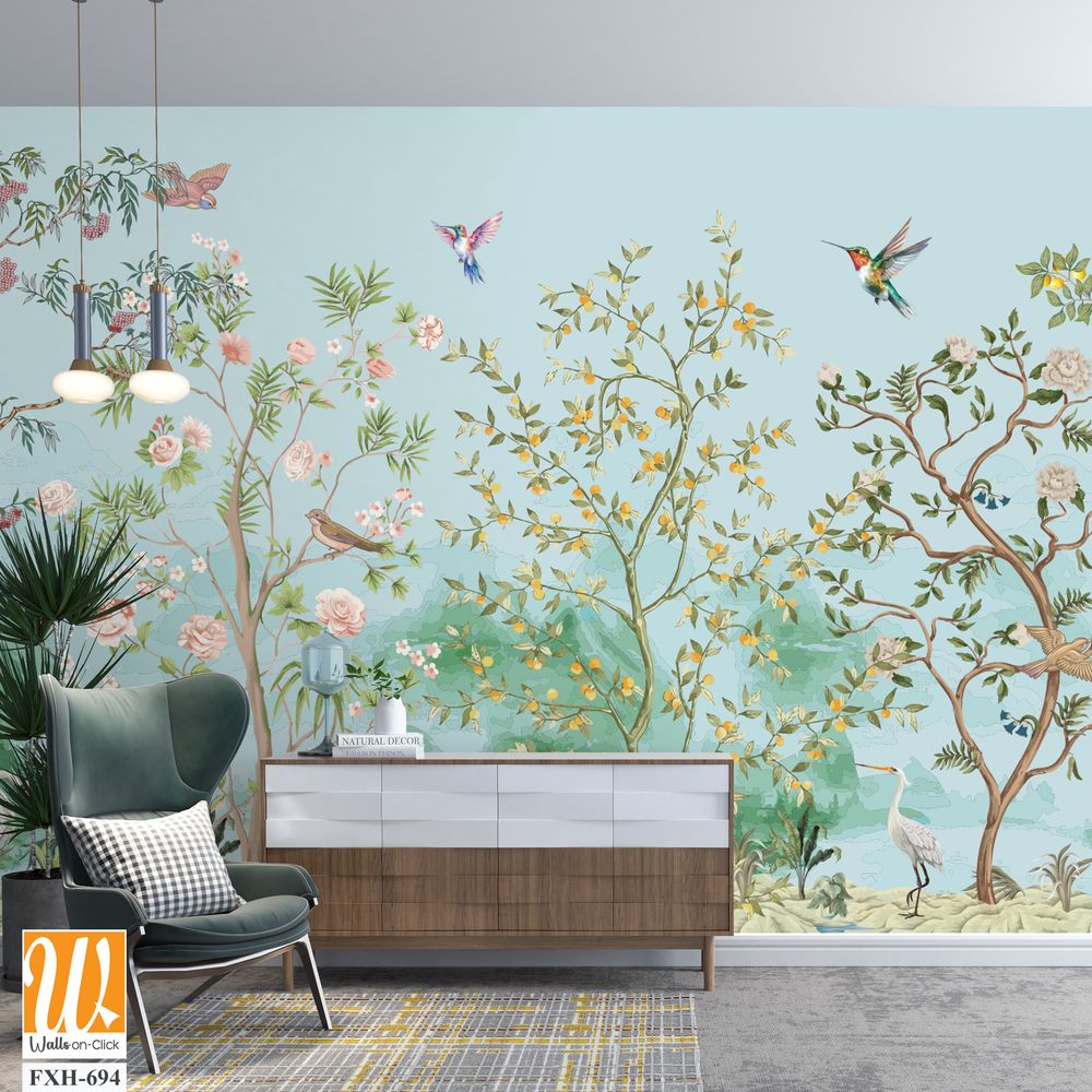Beautiful exotic chinoiserie wallpaper. Chinese scenery landscape wallpaper. Chinoiserie, traditional oriental botanical motif. [WP-FXH-694]