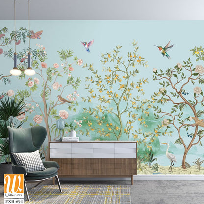 Beautiful exotic chinoiserie wallpaper. Chinese scenery landscape wallpaper. Chinoiserie, traditional oriental botanical motif. [WP-FXH-694]