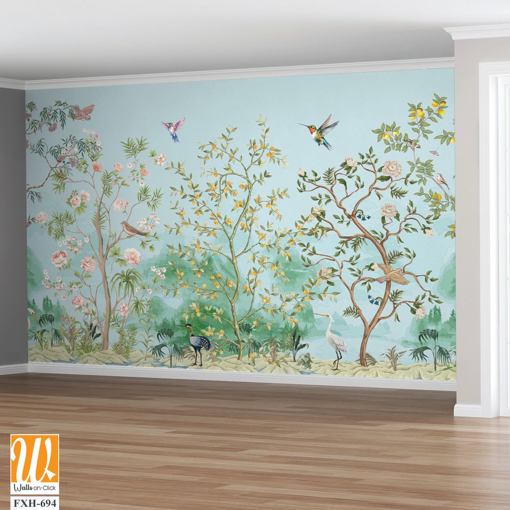 Beautiful exotic chinoiserie wallpaper. Chinese scenery landscape wallpaper. Chinoiserie, traditional oriental botanical motif. [WP-FXH-694]