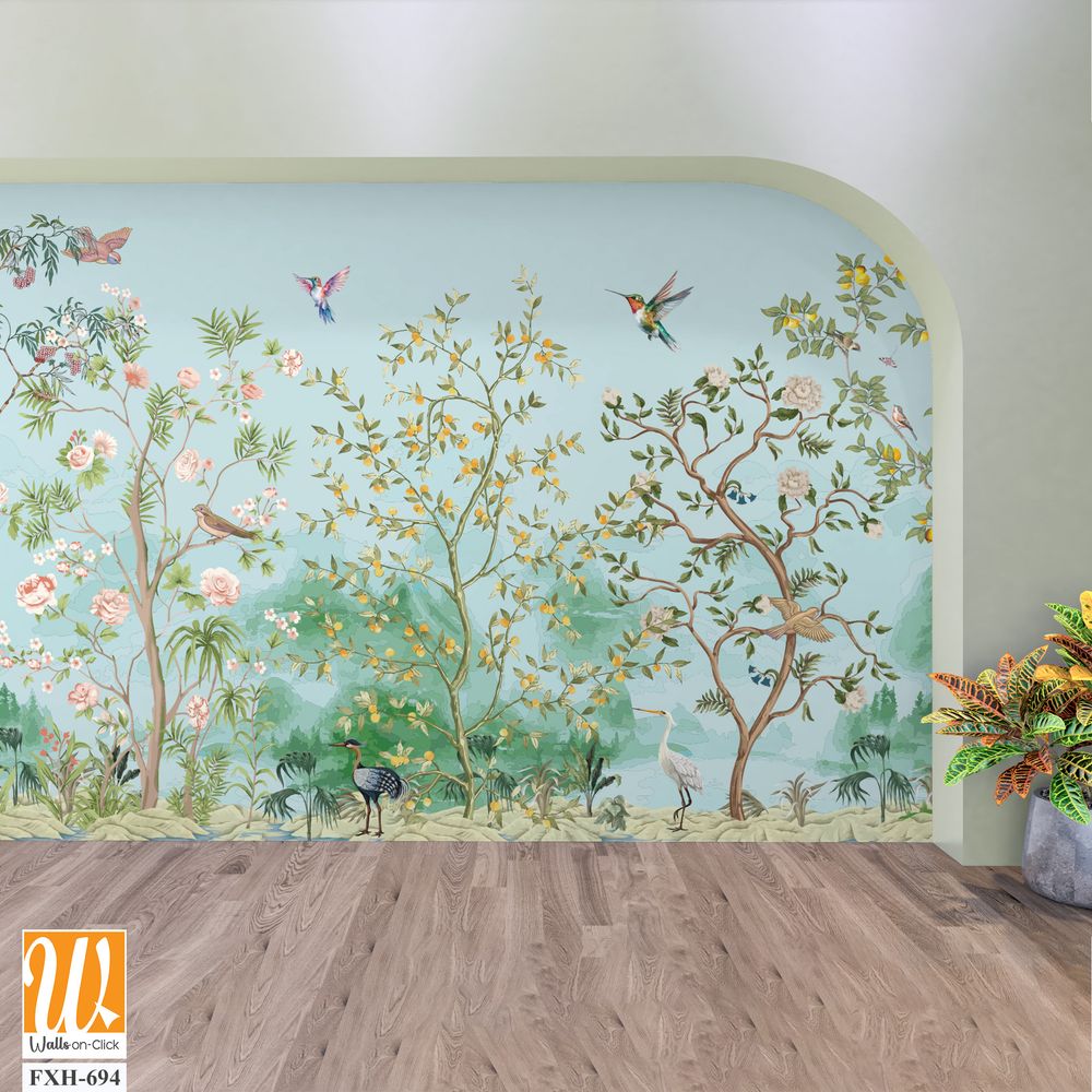 Beautiful exotic chinoiserie wallpaper. Chinese scenery landscape wallpaper. Chinoiserie, traditional oriental botanical motif. [WP-FXH-694]