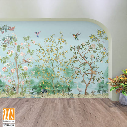 Beautiful exotic chinoiserie wallpaper. Chinese scenery landscape wallpaper. Chinoiserie, traditional oriental botanical motif. [WP-FXH-694]