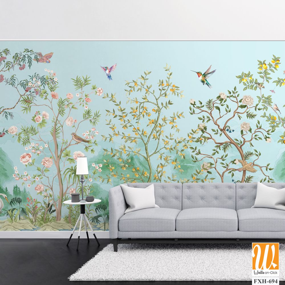 Beautiful exotic chinoiserie wallpaper. Chinese scenery landscape wallpaper. Chinoiserie, traditional oriental botanical motif. [WP-FXH-694]