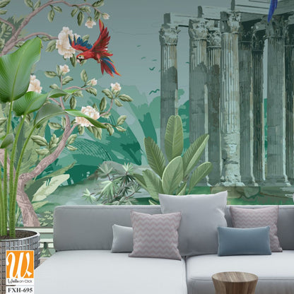 Greek, Roman, Greek arch, garden, peacock, wallpaper illustrations. Roman architecture dome, tree, parrot landscape illustration for wallpaper. [WP-FXH-695]