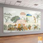 Traditional Mughal emperor riding horse in a garden arch wallpaper illustration. India Miniature Painting Rajasthan, Udaipur illustration. Mughal mural art wallpaper. [WP-FXH-697]