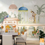Traditional Mughal emperor riding horse in a garden arch wallpaper illustration. India Miniature Painting Rajasthan, Udaipur illustration. Mughal mural art wallpaper. [WP-FXH-697]