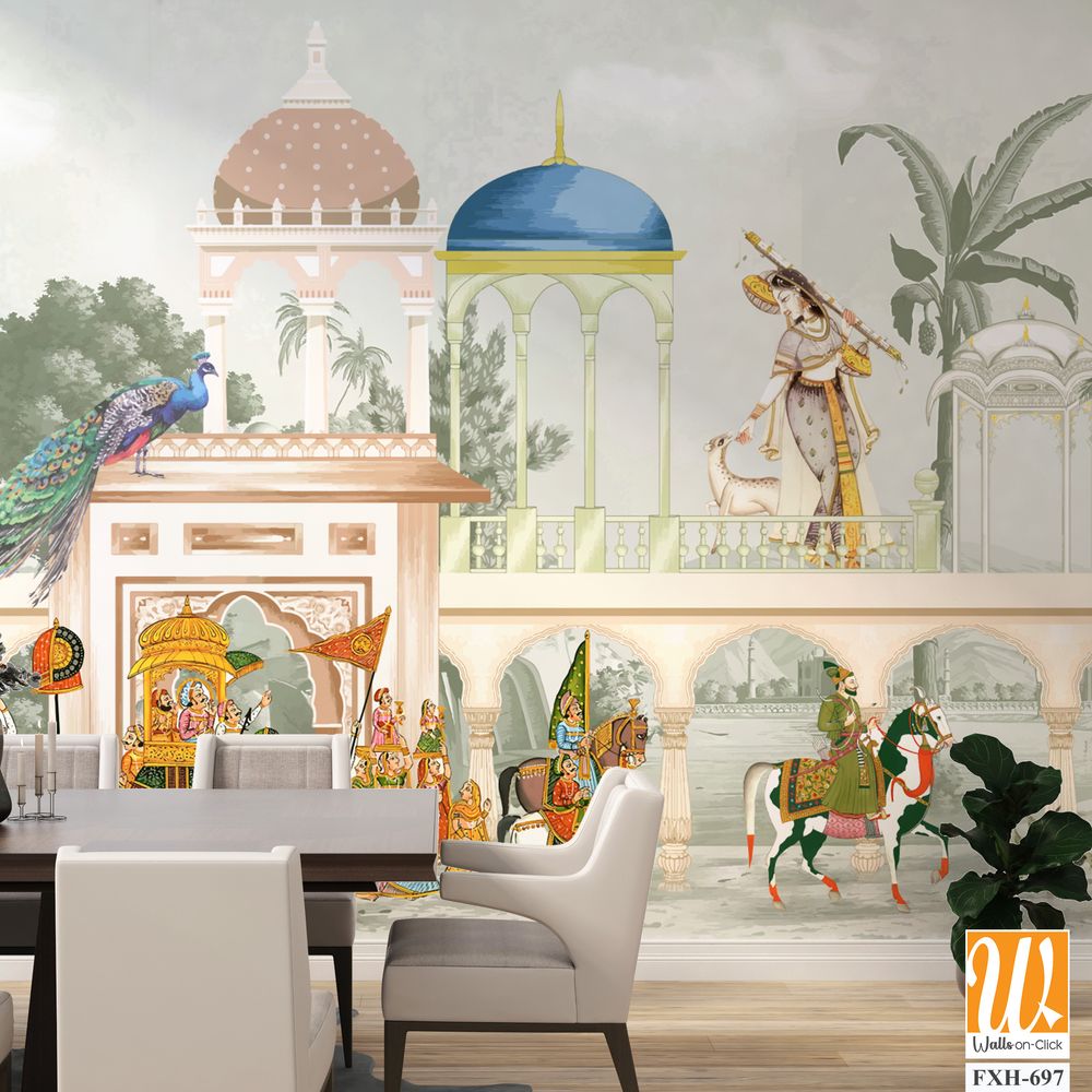 Traditional Mughal emperor riding horse in a garden arch wallpaper illustration. India Miniature Painting Rajasthan, Udaipur illustration. Mughal mural art wallpaper. [WP-FXH-697]