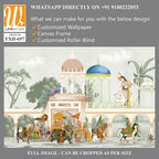 Traditional Mughal emperor riding horse in a garden arch wallpaper illustration. India Miniature Painting Rajasthan, Udaipur illustration. Mughal mural art wallpaper. [WP-FXH-697]