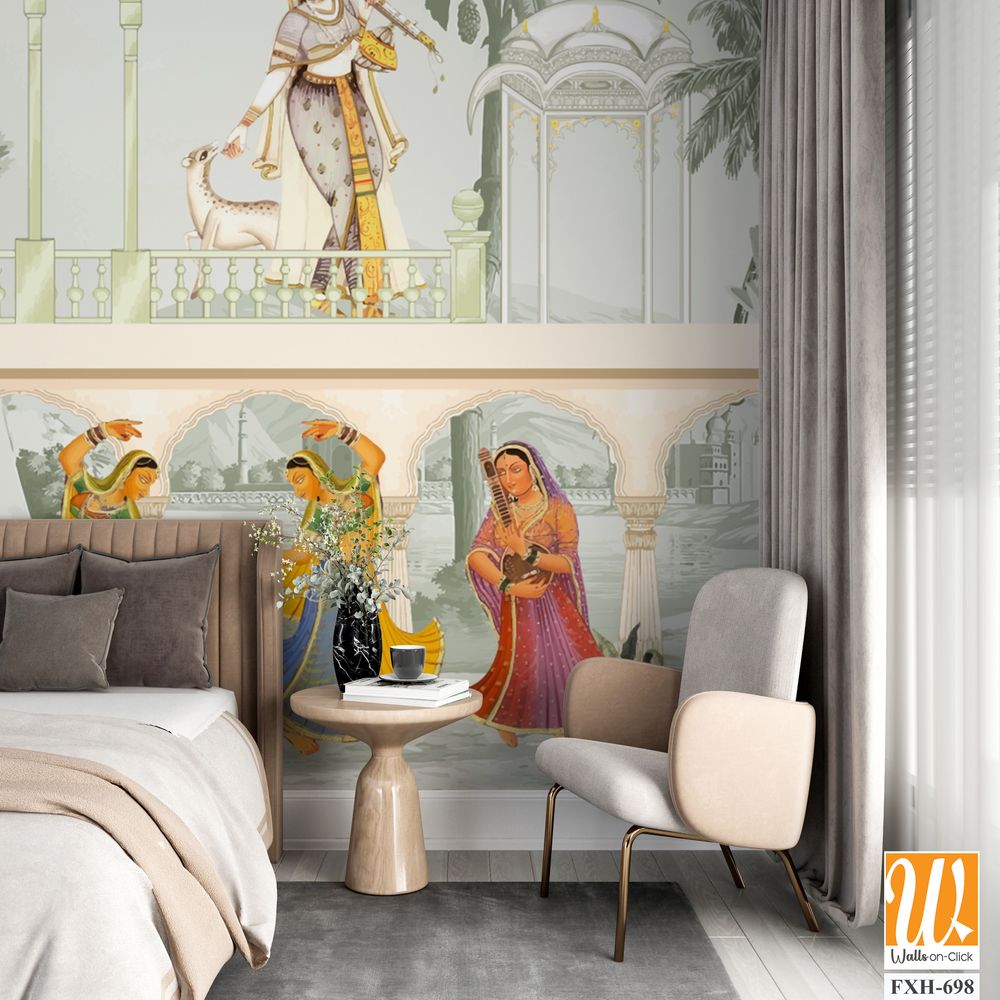 The Queen dancing Entertaining in a garden arch wallpaper illustration. India Miniature Painting Rajasthan, Udaipur illustration. Mughal mural art wallpaper. [WP-FXH-698]