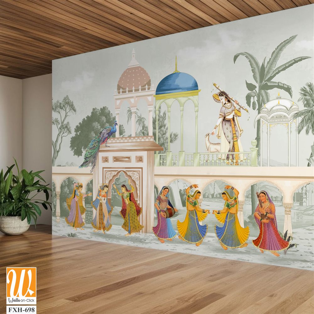The Queen dancing Entertaining in a garden arch wallpaper illustration. India Miniature Painting Rajasthan, Udaipur illustration. Mughal mural art wallpaper. [WP-FXH-698]