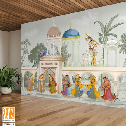 The Queen dancing Entertaining in a garden arch wallpaper illustration. India Miniature Painting Rajasthan, Udaipur illustration. Mughal mural art wallpaper. [WP-FXH-698]