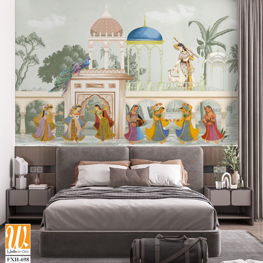 The Queen dancing Entertaining in a garden arch wallpaper illustration. India Miniature Painting Rajasthan, Udaipur illustration. Mughal mural art wallpaper. [WP-FXH-698]