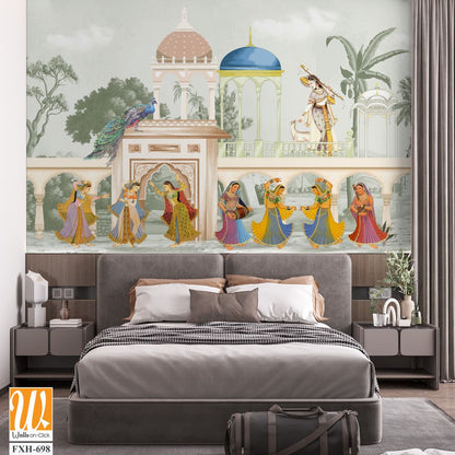 The Queen dancing Entertaining in a garden arch wallpaper illustration. India Miniature Painting Rajasthan, Udaipur illustration. Mughal mural art wallpaper. [WP-FXH-698]