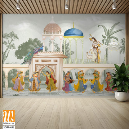 The Queen dancing Entertaining in a garden arch wallpaper illustration. India Miniature Painting Rajasthan, Udaipur illustration. Mughal mural art wallpaper. [WP-FXH-698]