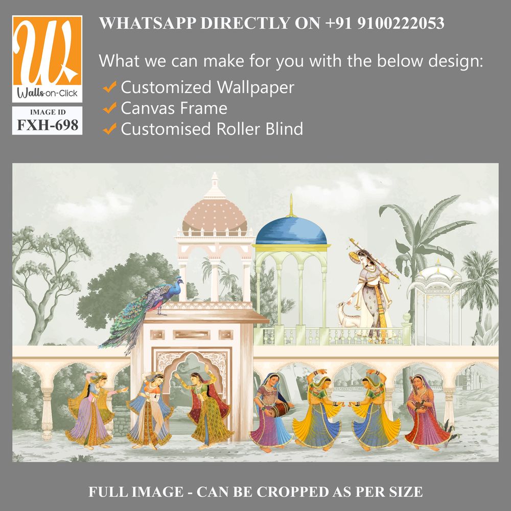 The Queen dancing Entertaining in a garden arch wallpaper illustration. India Miniature Painting Rajasthan, Udaipur illustration. Mughal mural art wallpaper. [WP-FXH-698]