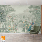 Vintage Roman mural wallpaper with garden, forest, peacock, bird, flower vase, botanical plant landscape illustration [WP-FXH-700]