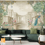 Vintage classical Roman ruins with garden, peacock, bird, botanical tree and flower for wallpaper [WP-FXH-701]