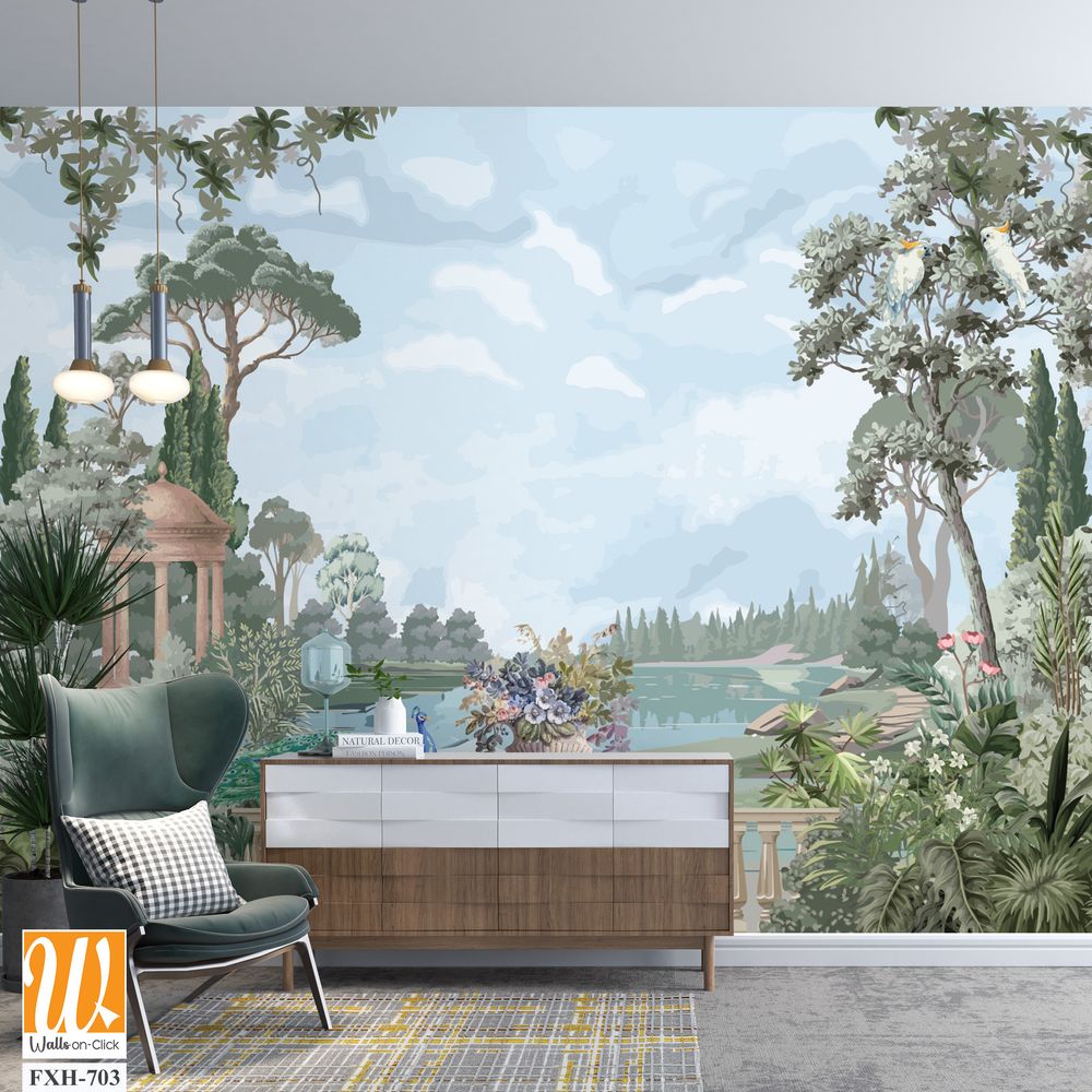 Vintage classical garden with peacock, tree, lake, bird landscape illustration [WP-FXH-703]