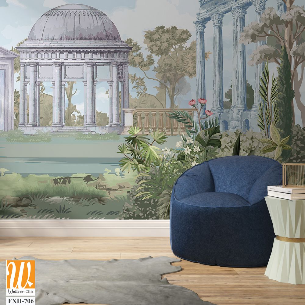 Ancient Roman architecture with garden, column, tree landscape illustration for wallpaper [WP-FXH-706]