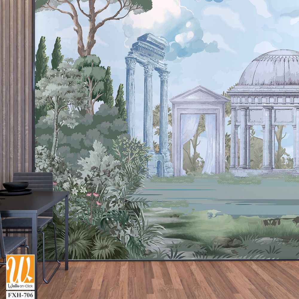 Ancient Roman architecture with garden, column, tree landscape illustration for wallpaper [WP-FXH-706]