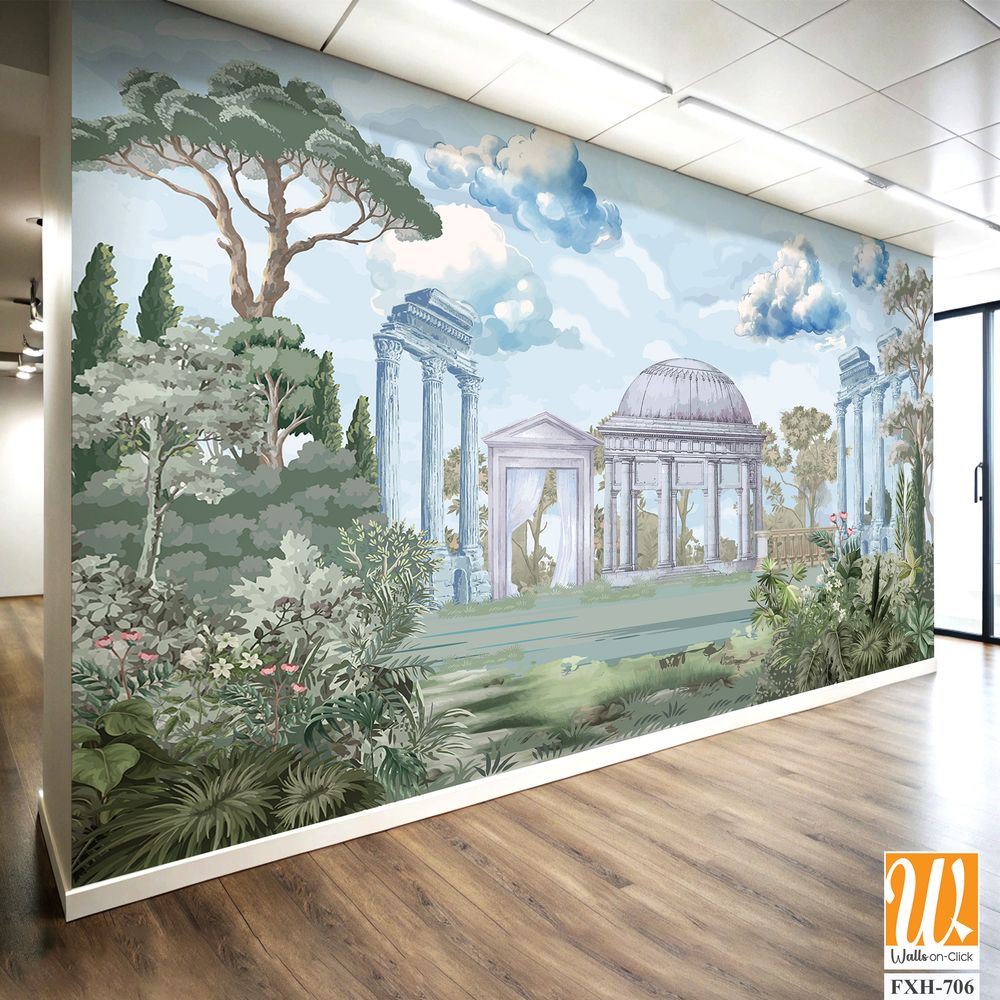 Ancient Roman architecture with garden, column, tree landscape illustration for wallpaper [WP-FXH-706]